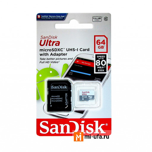 Карта памяти SanDisk Ultra Micro SD 64Гб (с адаптером)